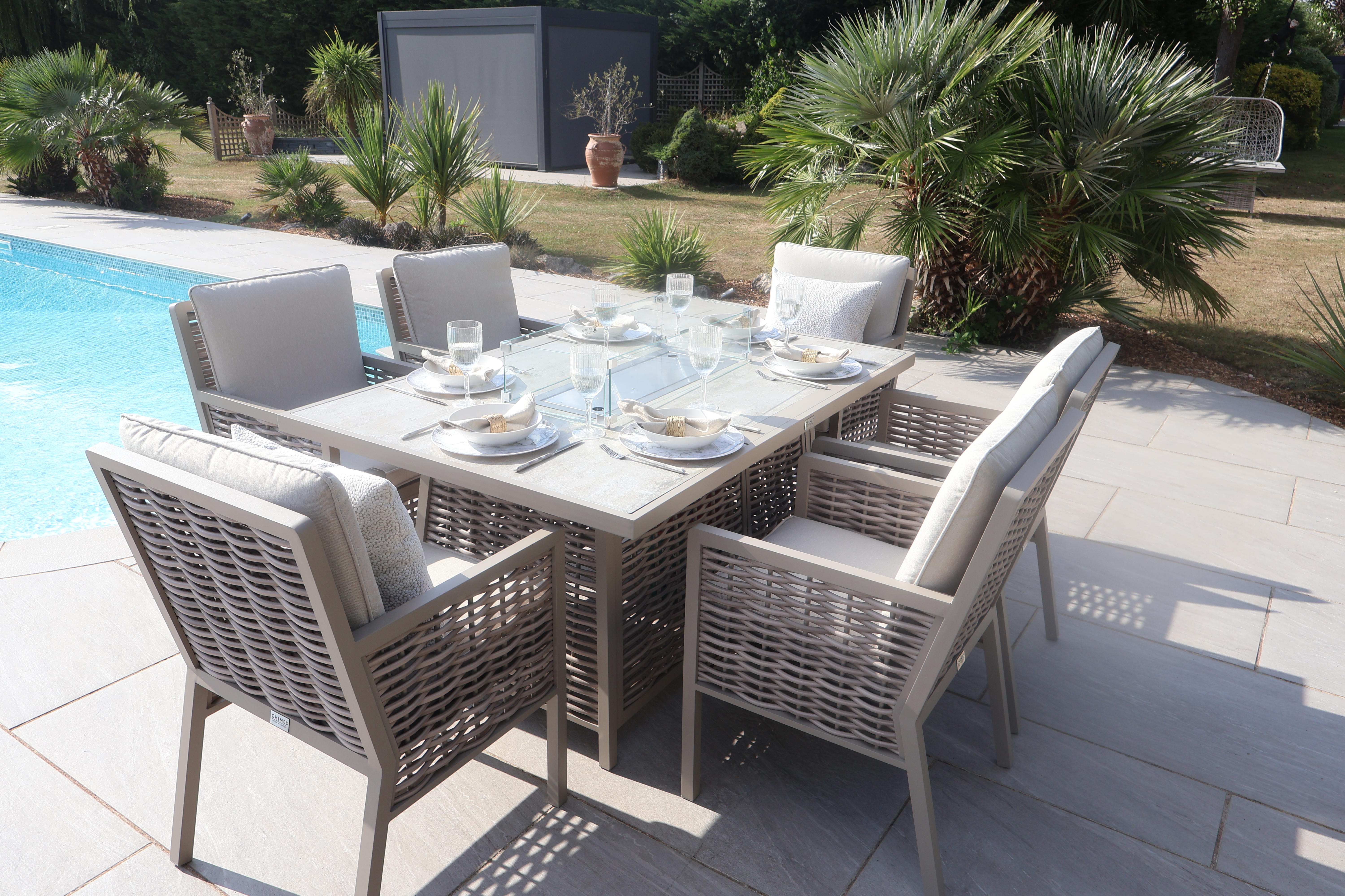Chimes - Monaco Aluminium 6 Seat Rectangular Dining Set - 1 Meter x 1.5 Meter Table With Firepit - Rope Weave - Cream